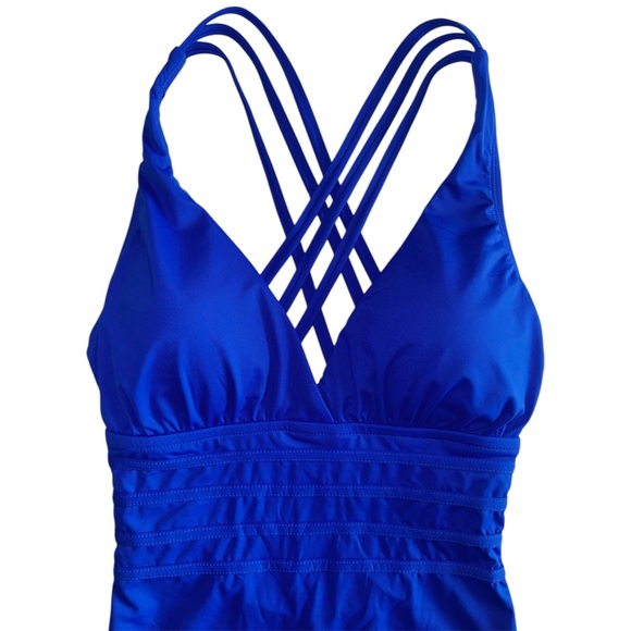 NWT La Blanca Blue Tummy Control Island Goddess Cross-Back One Piece Swimsuit - Picture 5 of 12